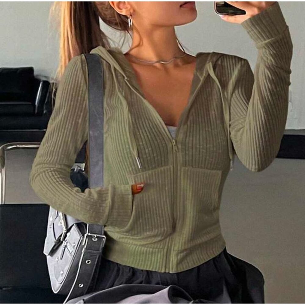 Army Green Solid Zip Up Drawstring Hooded Sweatshirt SZ 4